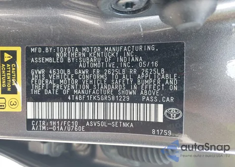 2016 Toyota Camry Le z USA, uszkodzony, nr VIN 4T4BF1FK5GR581229